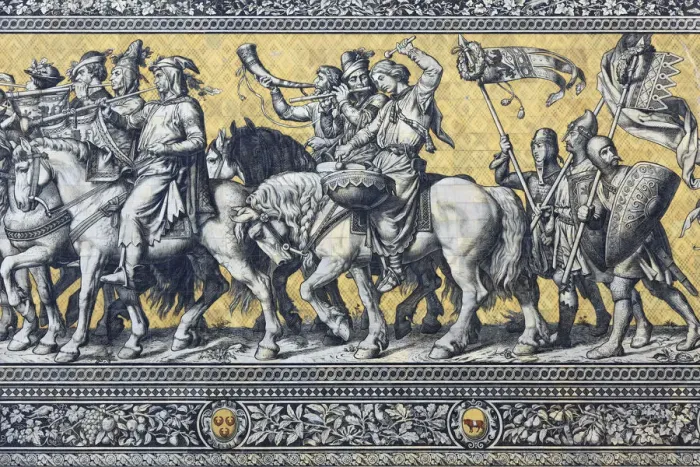 Framed Print : Germany, Saxony, Dresden, Augustusstrasse, Furstenzug 102m-long tiled mural (Procession Framed Print : Germany, Saxony, Dresden, Augustusstrasse, Furstenzug 102m-long tiled mural (Procession
