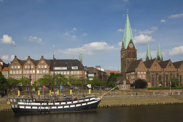 Framed Print : Germany, State of Bremen, Bremen, Weser River waterfront Framed Print : Germany, State of Bremen, Bremen, Weser River waterfront