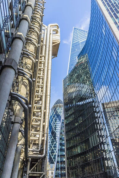 The Gherkin, Scapel building, Lloyds building and Willis building, London, England