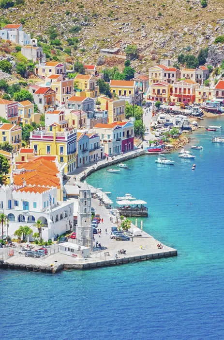 Framed Print : Gialos harbour, high angle view, Symi Island, Dodecanese Islands, Greece Framed Print : Gialos harbour, high angle view, Symi Island, Dodecanese Islands, Greece