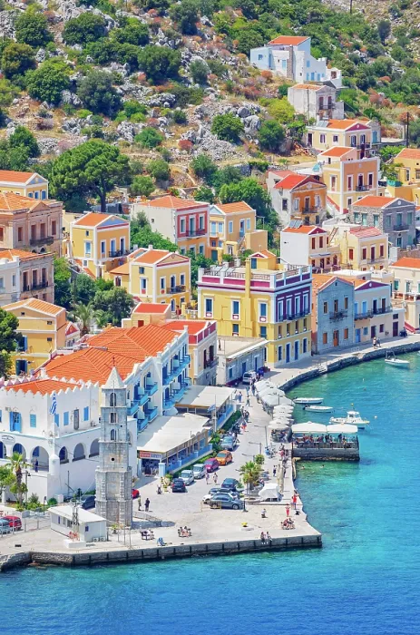 Framed Print : Gialos harbour, high angle view, Symi Island, Dodecanese Islands, Greece Framed Print : Gialos harbour, high angle view, Symi Island, Dodecanese Islands, Greece