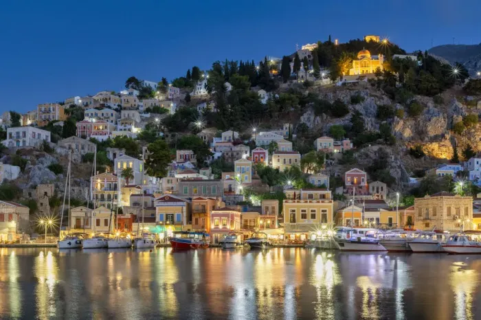 Framed Print : Gialos Harbour at Night, Symi Island, Dodecanese Islands, Greece Framed Print : Gialos Harbour at Night, Symi Island, Dodecanese Islands, Greece