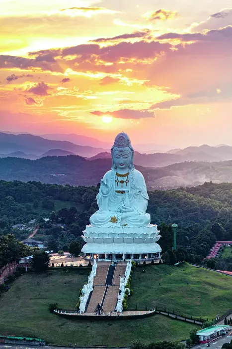 Framed Print : Giant Buddha statue at Wat Huay Pla Kang temple under a romantic sky at sunset, aerial view, Chiang Rai Province, Thailand Framed Print : Giant Buddha statue at Wat Huay Pla Kang temple under a romantic sky at sunset, aerial view, Chiang Rai Province, Thailand