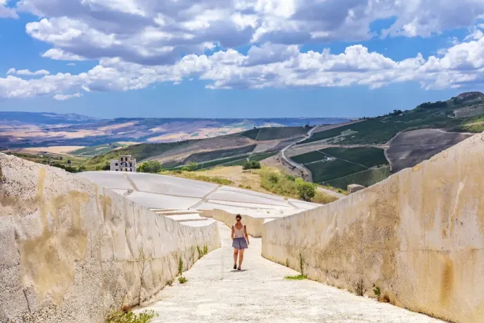 Framed Print : Gibellina, Trapani district, Sicily. A woman visiting the land art monument known as Framed Print : Gibellina, Trapani district, Sicily. A woman visiting the land art monument known as