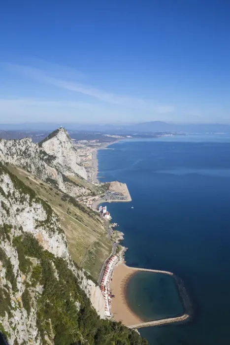 Framed Print : Gibraltar, View of Gibraltar rock, Sandy Bay, Caltalan Bay with Spanish beaches in Framed Print : Gibraltar, View of Gibraltar rock, Sandy Bay, Caltalan Bay with Spanish beaches in