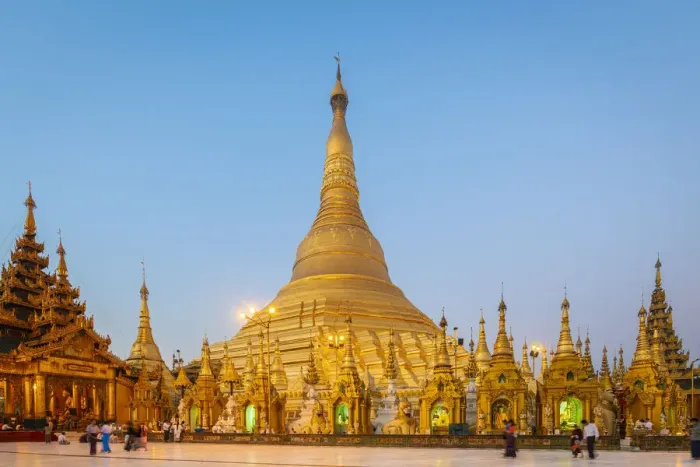Framed Print : Gilded Shwedagon Pagoda against clear sky at dawn, Yangon, Yangon Region, Myanmar Framed Print : Gilded Shwedagon Pagoda against clear sky at dawn, Yangon, Yangon Region, Myanmar