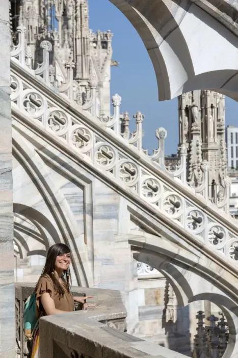 Framed Print : Girl smiling near spires of Milan Cathedral, Lombardy, Italy Framed Print : Girl smiling near spires of Milan Cathedral, Lombardy, Italy