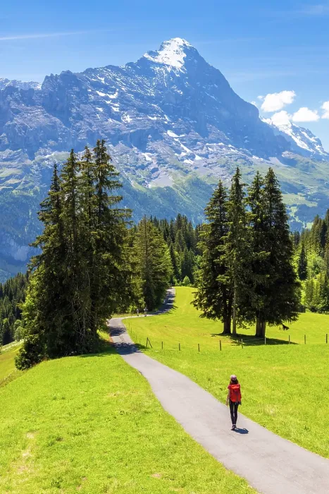 Framed Print : Girl walking along path towrds the Eiger mountain, Canton of Bern, Switzerland. (MR) Framed Print : Girl walking along path towrds the Eiger mountain, Canton of Bern, Switzerland. (MR)