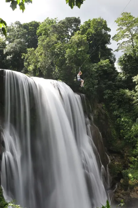 Framed Print : Girl on zip line over waterfall, Cascadas Pulhapanzak, Waterfalls, Honduras. MR Framed Print : Girl on zip line over waterfall, Cascadas Pulhapanzak, Waterfalls, Honduras. MR