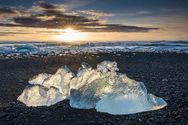 Glacial Iceberg at Sunrise, Jokulsarlon Beach, Iceland