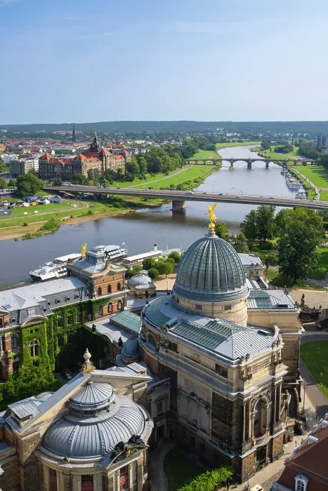 Framed Print : Glass dome of the Academy of Arts with golden Fama near Carola Bridge over Elbe River, Dresden, Saxony, Germany
