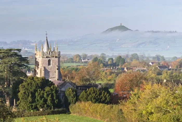 Framed Print : Glastonbury Tor and West Pennard Church on a misty autumn morning, Somerset, England Framed Print : Glastonbury Tor and West Pennard Church on a misty autumn morning, Somerset, England