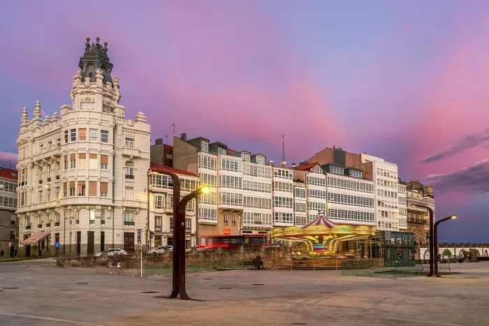 Framed Print : Glazed window balconies (galerias) on waterfront, A Coruna, Galicia, Spain