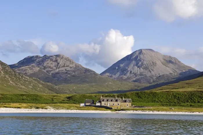 Framed Print : GlenBatrick Lodge overlooks the white sandy shore of Framed Print : GlenBatrick Lodge overlooks the white sandy shore of