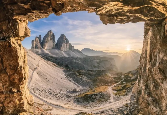 Framed Print : glimpse on the Tre Cime di Lavaredo from a war cave, sexten dolomites, south tyrol Framed Print : glimpse on the Tre Cime di Lavaredo from a war cave, sexten dolomites, south tyrol