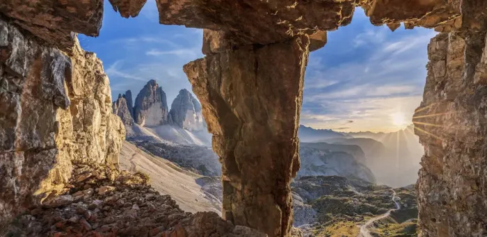 Framed Print : glimpse on the Tre Cime di Lavaredo from a war cave, sexten dolomites, south tyrol Framed Print : glimpse on the Tre Cime di Lavaredo from a war cave, sexten dolomites, south tyrol