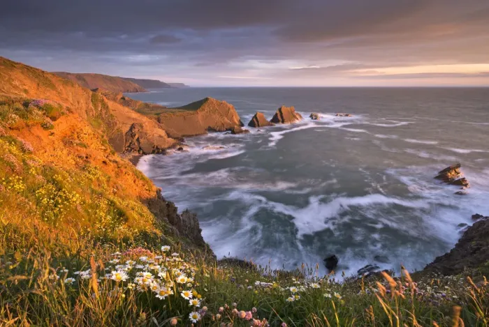 Framed Print : Glorious evening sunlight illuminates the dramatic cliffs of Hartland Quay, looking Framed Print : Glorious evening sunlight illuminates the dramatic cliffs of Hartland Quay, looking