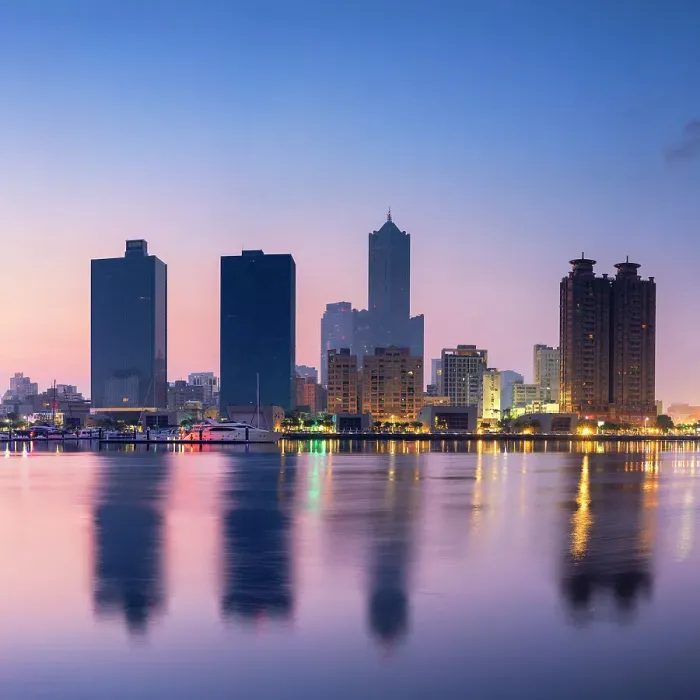Framed Print : Glory Pier, 85 Sky Tower and skyscrapers at dawn, Kaohsiung, Taiwan