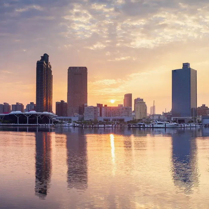 Framed Print : Glory Pier and skyscrapers at sunrise, Kaohsiung, Taiwan Framed Print : Glory Pier and skyscrapers at sunrise, Kaohsiung, Taiwan