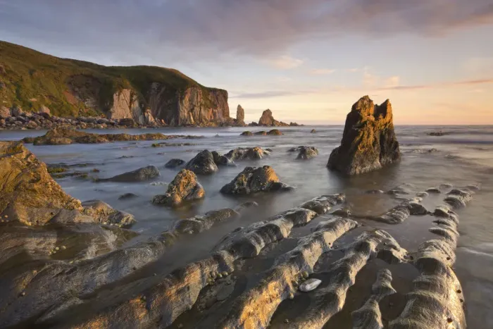 Framed Print : Golden evening sunlight bathes the rocks and ledges at Bantham in the South Hams Framed Print : Golden evening sunlight bathes the rocks and ledges at Bantham in the South Hams