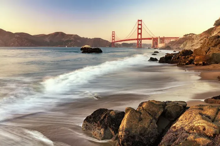 Framed Print : Golden Gate Bridge from Baker Beach at sunset, San Francisco, California, USA Framed Print : Golden Gate Bridge from Baker Beach at sunset, San Francisco, California, USA