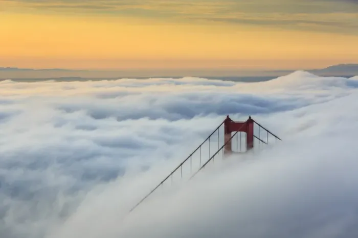 Framed Print : Golden Gate Bridge emerging from the morning fog at sunrise. San Francisco, Marin County Framed Print : Golden Gate Bridge emerging from the morning fog at sunrise. San Francisco, Marin County