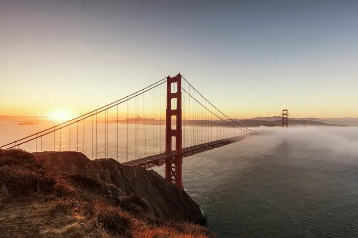 Framed Print : Golden Gate Bridge and fog at sunrise, from Battery Spencer, San Francisco, California, USA Framed Print : Golden Gate Bridge and fog at sunrise, from Battery Spencer, San Francisco, California, USA