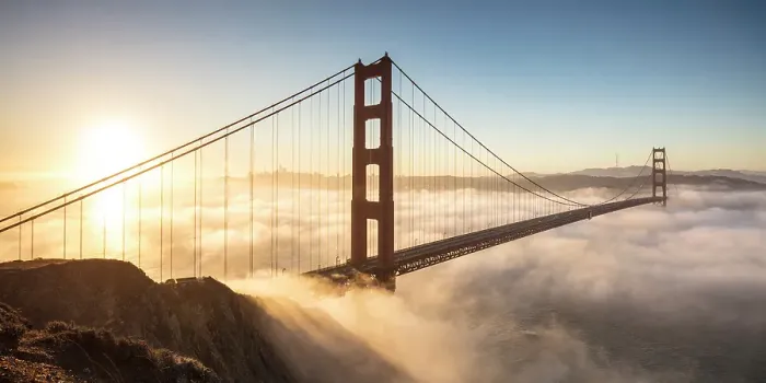 Framed Print : Golden Gate Bridge and fog at sunrise, from Battery Spencer, San Francisco, California, USA Framed Print : Golden Gate Bridge and fog at sunrise, from Battery Spencer, San Francisco, California, USA