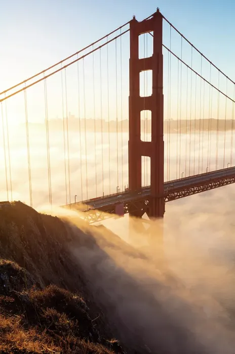 Framed Print : Golden Gate Bridge and fog at sunrise, from Battery Spencer, San Francisco, California, USA