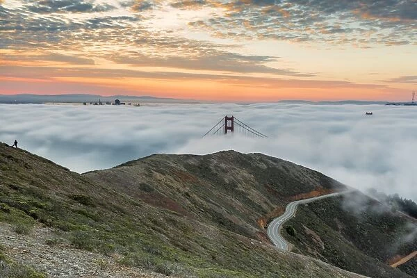 Golden Gate Bridge with morning fog shot at sunrise from Slackers Hill. San Francisco