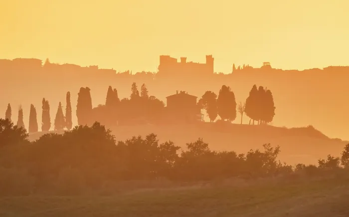 Framed Print : Golden hazy landscape at dusk, Val d'Orcia, near San Quirico d'Orcia, Tuscany, Italy Framed Print : Golden hazy landscape at dusk, Val d'Orcia, near San Quirico d'Orcia, Tuscany, Italy