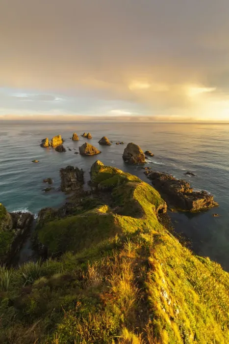 Framed Print : Golden light on The Nuggets islands just before sunset at Nugget Point. Ahuriri Flat