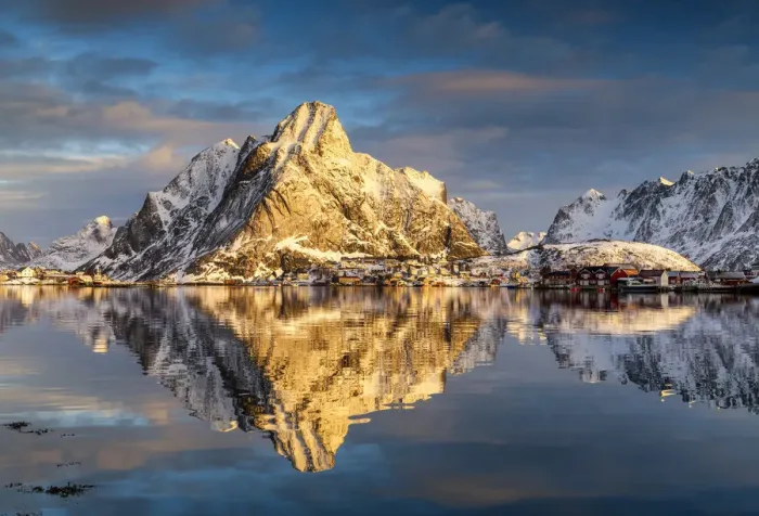 Framed Print : Golden Light on Olstinden Reflecting in Fjord, Reine, Lofoten Islands, Norway Framed Print : Golden Light on Olstinden Reflecting in Fjord, Reine, Lofoten Islands, Norway