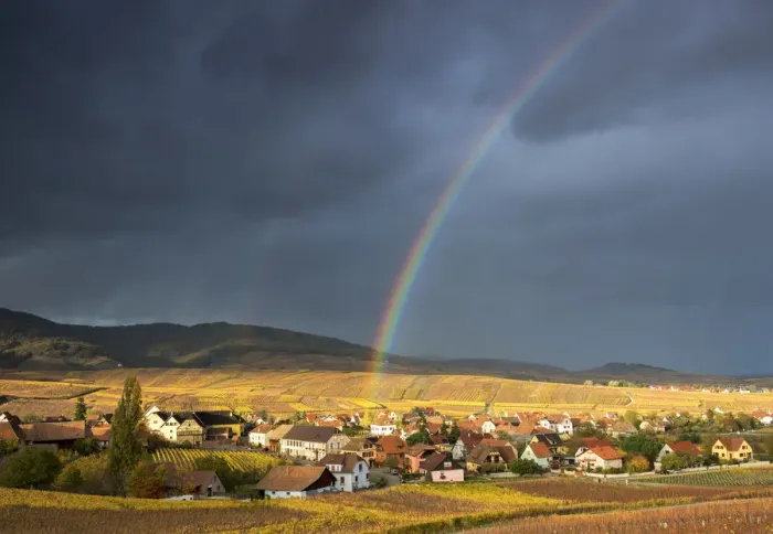 Framed Print : Golden light and rainbow over Hunawihr surrounded by the vineyards of Grand Cru in Alsace Framed Print : Golden light and rainbow over Hunawihr surrounded by the vineyards of Grand Cru in Alsace