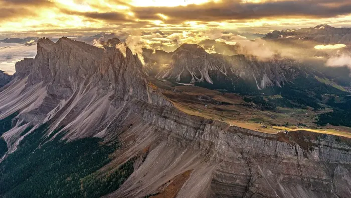 Framed Print : Golden sunset and mist over Furchetta, Sass Rigais and Seceda mountains, aerial view, Puez Odle Natural Park, Dolomites, Italy Framed Print : Golden sunset and mist over Furchetta, Sass Rigais and Seceda mountains, aerial view, Puez Odle Natural Park, Dolomites, Italy