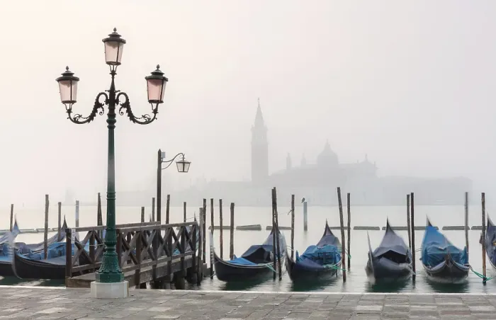 Framed Print : Goldolas on the lagoon on a misty dawn, with San Giorgio Maggiore in the background, San Marco, Venice, Italy Framed Print : Goldolas on the lagoon on a misty dawn, with San Giorgio Maggiore in the background, San Marco, Venice, Italy