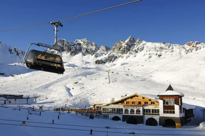 Framed Print : Gondola lift, Restaurant La Marmotte, Alpe Trida, Samnaun, Switzerland Framed Print : Gondola lift, Restaurant La Marmotte, Alpe Trida, Samnaun, Switzerland