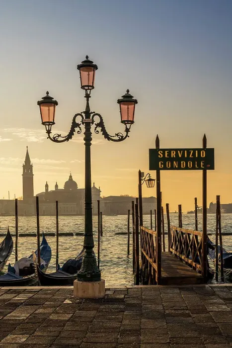 Framed Print : Gondola service sign and Church of San Giorgio Maggiore in the background at sunrise Venice, Veneto, Italy Framed Print : Gondola service sign and Church of San Giorgio Maggiore in the background at sunrise Venice, Veneto, Italy