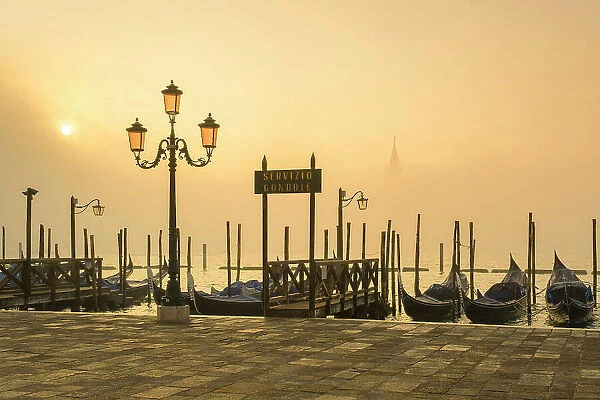 Gondolas on the Bacino di San Marco with the Church of San Giorgio Maggiore, Venice, Veneto, Italy