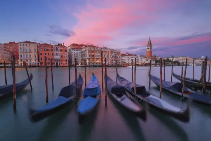 Framed Print : Gondolas at Dorsoduro, Venice, Veneto, Italy. In the background the St. Marks bell tower Framed Print : Gondolas at Dorsoduro, Venice, Veneto, Italy. In the background the St. Marks bell tower