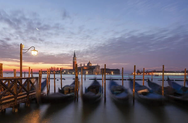 Gondolas at Sunrise with San Giorgio Maggiore Island in the Background, Venice, Veneto