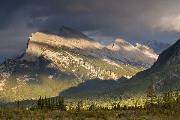 Gorgeous rich evening sunlight bathes against the towering Mount Rundle in the Canadian