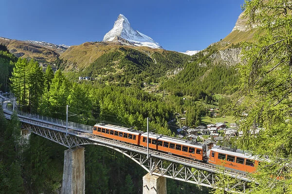 Gornergratbahn cog railway on Findelbach Bridge, Matterhorn (4478m) mountain, Valais, Swiss Alps, Switzerland