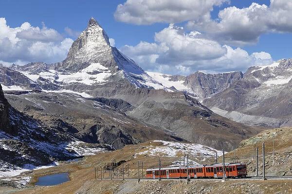 Gornergratbahn cog railway, view of Matterhorn Peak (4478m), Swiss Alps, Zermatt, Valais, Switzerland