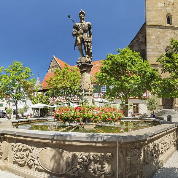 Graf Albrecht fountain at the market square, Mesner Stiftskirche church, Ohringen, Hohenlohe, Baden-Wurttemberg, Germany