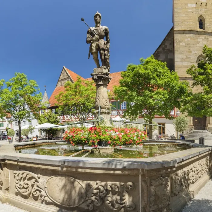 Framed Print : Graf Albrecht fountain at the market square, Mesner Stiftskirche church, Ohringen, Hohenlohe, Baden-Wurttemberg, Germany