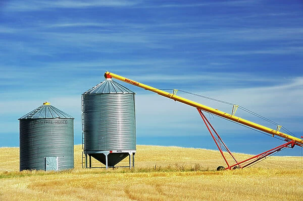 Grain bins and auger near Beechy, Saskatchewan, Canada
