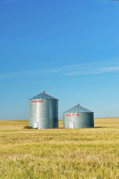 Grain bins and barley crop Trochu, Alberta, Canada