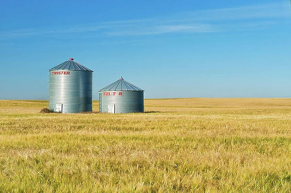 Grain bins and barley crop Trochu, Alberta, Canada