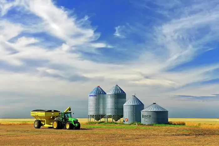 Framed Print : Grain bins and cart in lentil field Lang Saskatchewan, Canada